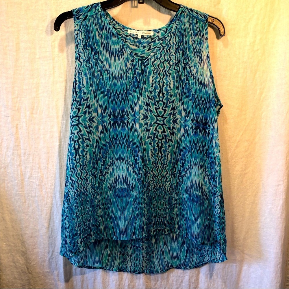 Violet + Claire v neck tank top semi sheer aqua and navy kaleidoscope pattern M